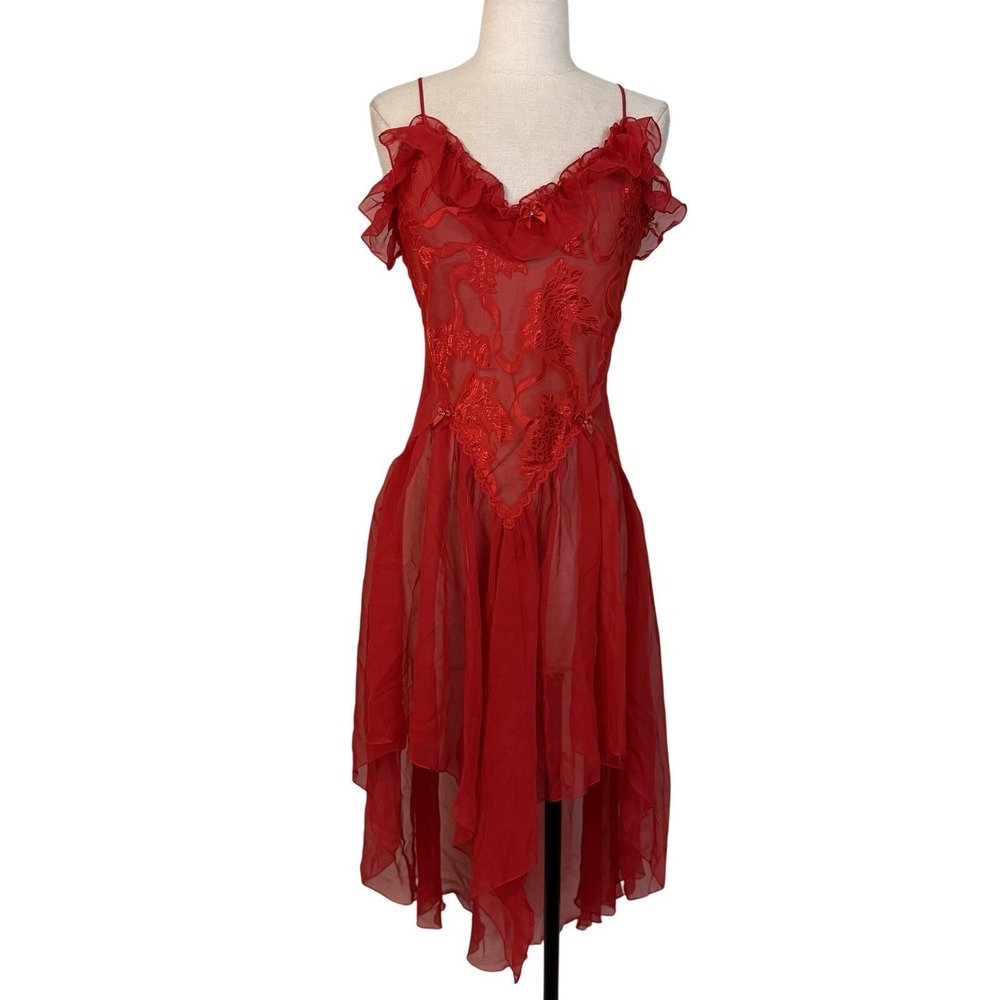 VTG Shirley of Hollywood Red Sheer Ruffle Floral Nightgown Slip Sz M Fairy Sexy